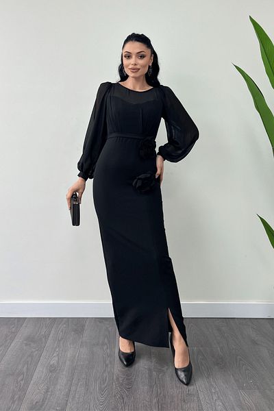 giyimmasalı Black Flower Detailed Chiffon Atlas Evening Dress