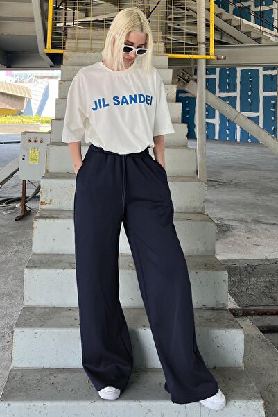 Madmext Sötétkék állítható derék, széles szárú, laza szabású, egyszerű szabású női melegítőnadrág MG2122