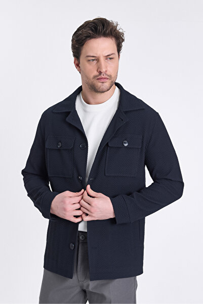 Frappoli Lores Чоловічий темно-синій оверширт з еластичною тканиною з візерунком, весняний тренч-куртка-пальто