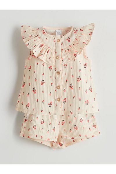 LC Waikiki Ecru Crew Neck Floral Baby Girl Blouse and Shorts 2-Piece Set