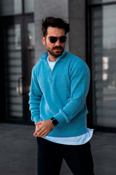 Black Sokak Men's Stand Collar Half Zipper Baby Blue Knitwear Sweater
