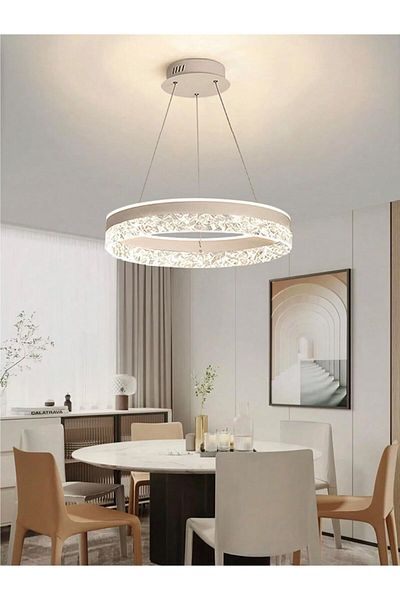 A F N LIGHTING Modern Crystal Round Chandelier LED Dimmable Pendant Lamp with Ripple Acrylic Border