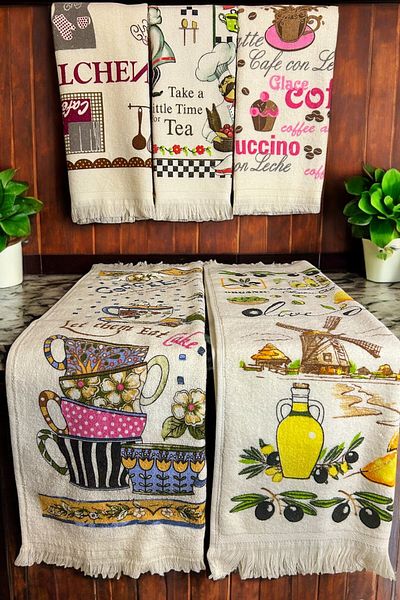 CNR Garden 5-Piece 40x60 Cm Printed Hand and Face Towel Set - Kitchen Towel, Wooden Base