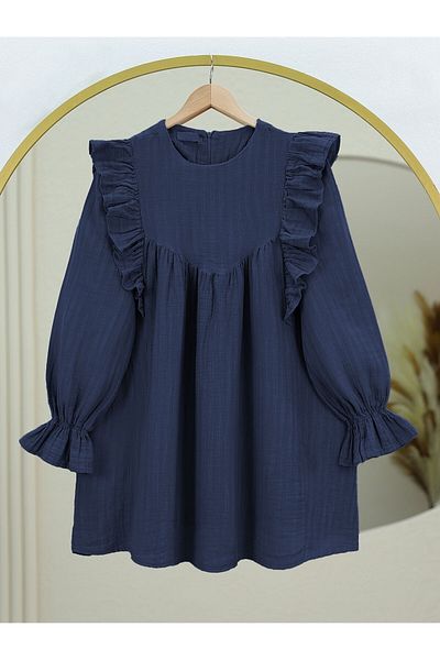 Modamorfo Front Ruffle Detailed Tunic with Elastic Sleeves - Navy