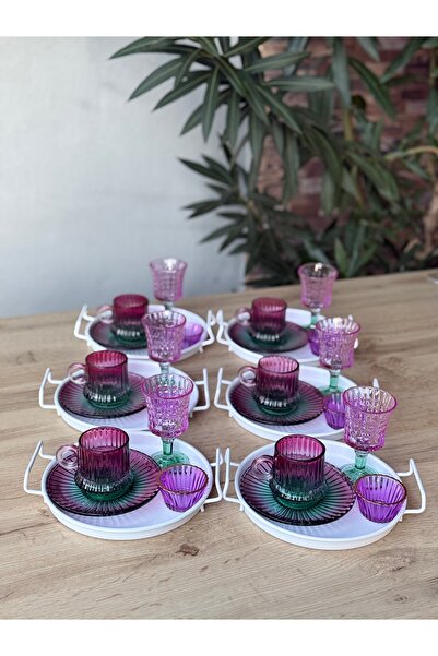 Hediye Köşkü Metal Tepsili 6 Kişilik 30 parça Origami Cam Kahve Sunum Seti
