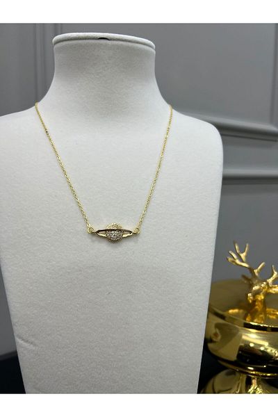 Store Zircon Stone Gold Steel Chain Planet Saturn Necklace