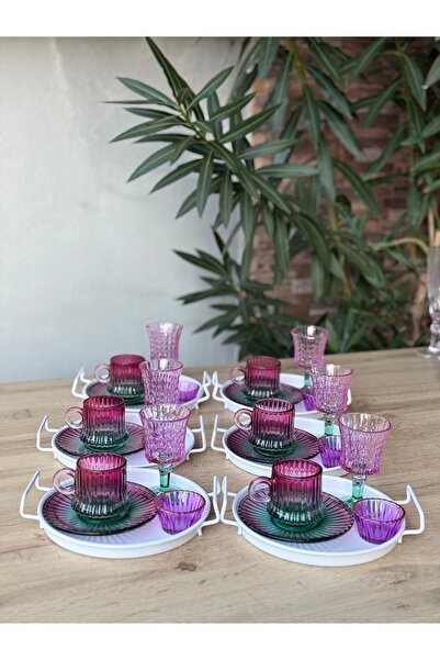 Hediye Köşkü Metal Tepsili 6 Kişilik 30 parça Origami Cam Kahve Sunum Seti