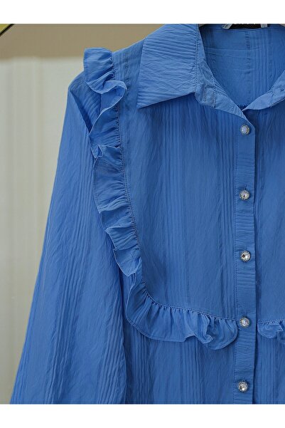 Modamorfo Сорочка з камінцями та ґудзиками, з воланами спереду - темно-синя