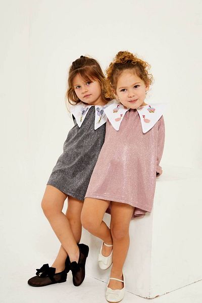 anonim Girl's Collar Detailed Shiny Glitter Dress