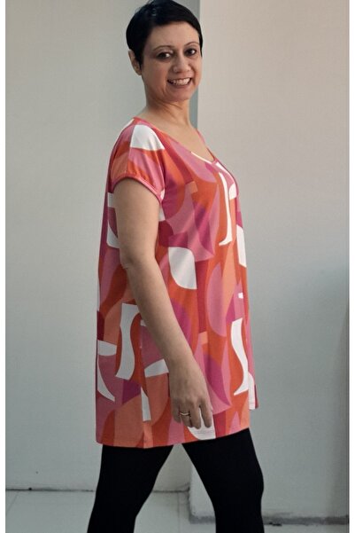 Mertcan Butik Low Sleeve Combed Cotton Viscose T-Shirt with Pink and White Orange Print Whole Size