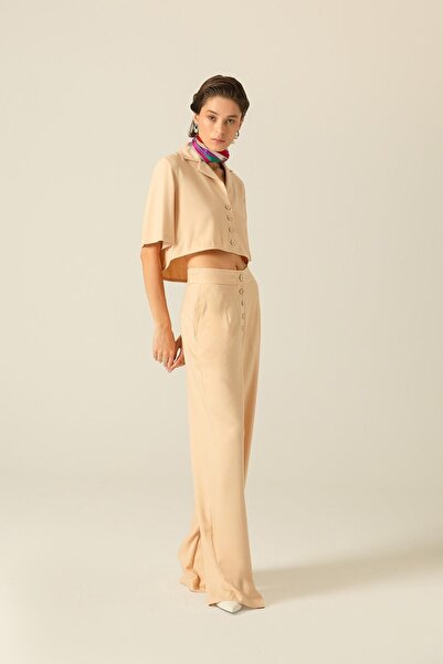 rue Düğme Detaylı Bej Yüksek Bel Pantolon