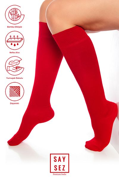SAYSEZ Bamboo Women's Knee-Length Red Soft Long Seamless Socks / Pants Socks / Non-Showing Socks