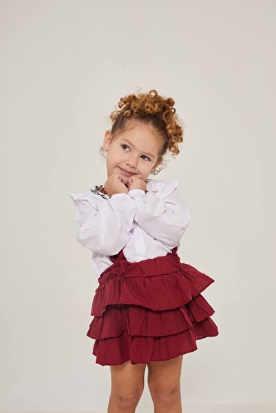 anonim Girl's Neck Embroidered Skirt Ruffled Shirt Salopet