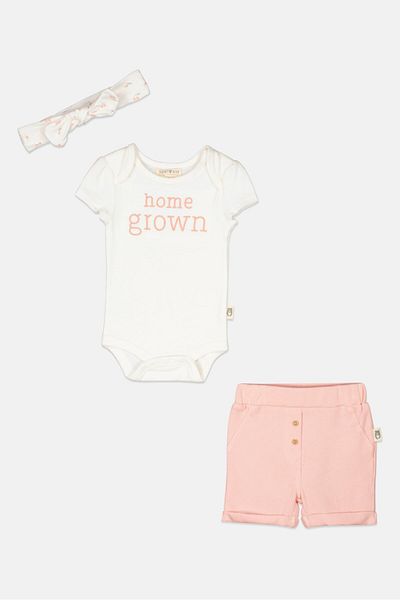 RABBİT BEAR Toddlers Girl 3 Pcs Printed Bodysuit And Short With Headband Set, Pink