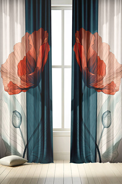 depdekor Dekoratif Baskılı Poppy Desenli Bej Salon Mutfak Fon Perdesi (TEK KANAT - IP AYARLI EKSTRAFOR)