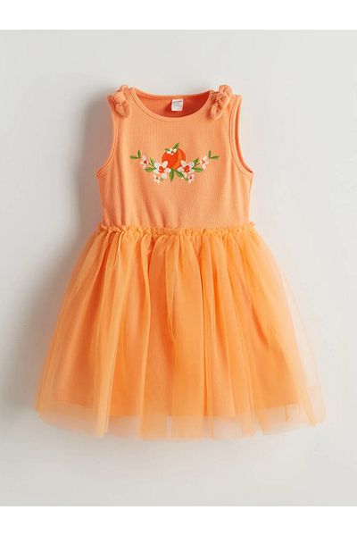 LC Waikiki Lcw Kids Orange Crew Neck Floral Girls' Combed Cotton Dress