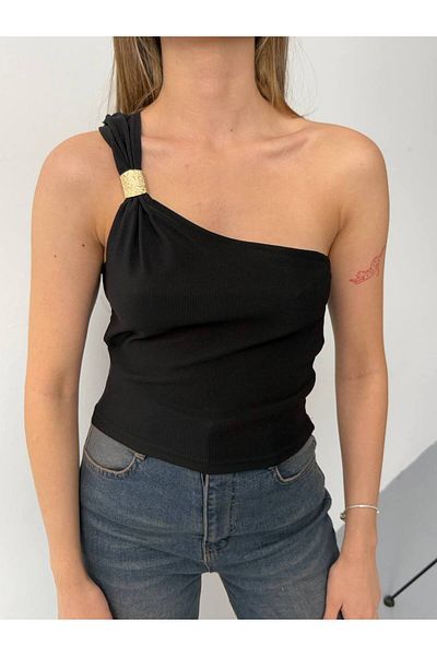 İLKCET MODA One Shoulder Crop Tshirt with Gold Accessories