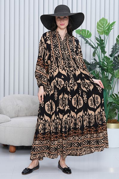 AYASOFYA OTANTIK Women's Black - Stone Colored Ethnic Print Ankle Elastic Balloon Sleeve Long Dress