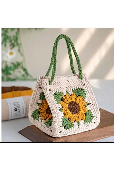 Kadın Girişimciler Atölyesi Ayçiçeği Motifli Model Handmade Örgü  % 100 Cotton Kadın El Çantası