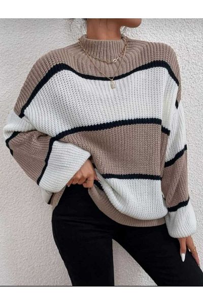 MODASPARK Brown and White Striped Half Fisherman Women's Oversize Sweater