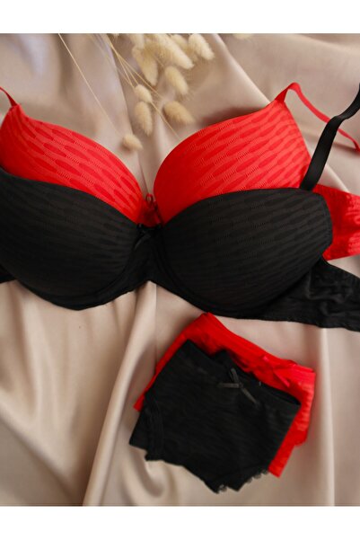 elisa harmony طقم قميص وسراويل داخلية منقوشة شبكية (قطعتان) - أسود وأحمر