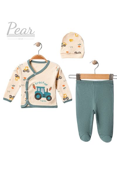 Pear Wear Tractor Printed 3-Piece Hospital Release 100% Cotton Organic Baby Set