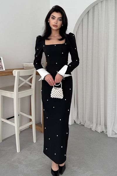 barış sülün lovebox Women's Atlas Fabric Square Collar Sleeves Cuffed Pearled Black Midi Pencil Evening Dress 365