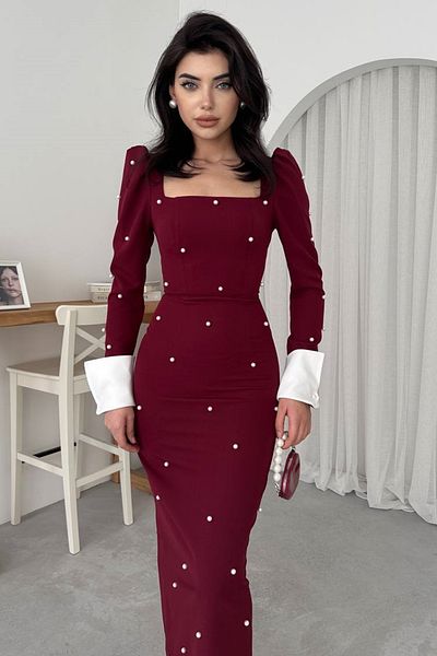 barış sülün lovebox Women's Atlas Fabric Square Neck Sleeves Cuffed Pearl Burgundy Midi Pencil Evening Dress 365