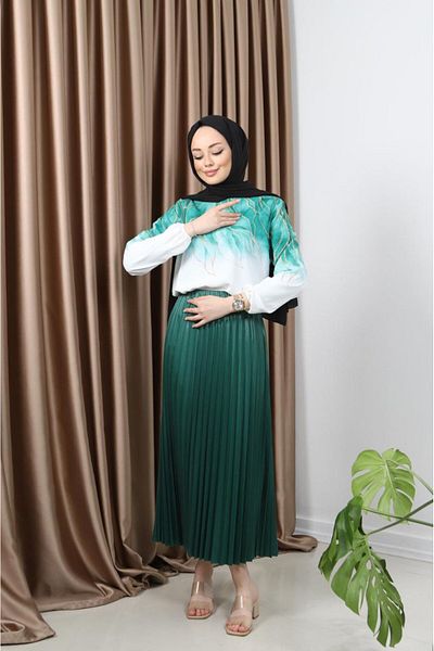 asyadabutik Women's Leaf Detailed Dubai Fabric Blouse Shiny Pleat Skirt Suit