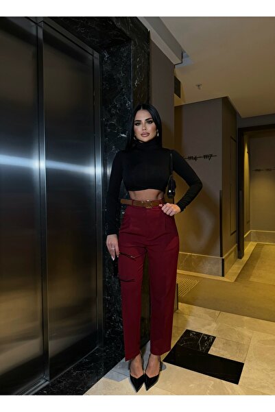 LB Laluna Butik Kadın Bordo Yüksek Bel Kemerli Havuç Pantolon