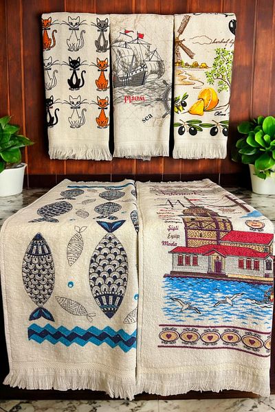 CNR Garden 5-Piece 40x60 Cm Printed Hand and Face Towel Set - Kitchen Towel, Wooden Base