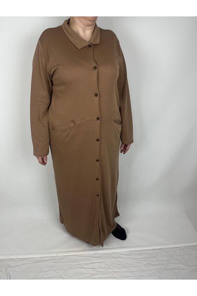 YAŞAR TRİKO Women's Caramel Button Collar Long Sleeve Double Pocket Long Seasonal Cap