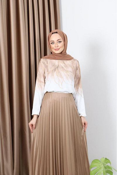 asyadabutik Women's Leaf Detailed Dubai Fabric Blouse Shiny Pleat Skirt Suit