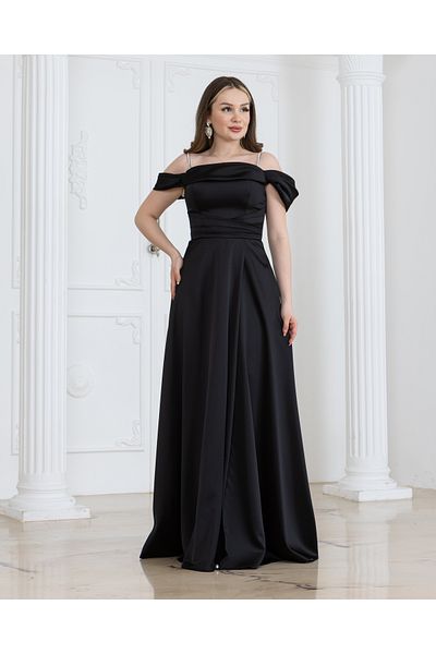 MODA Mauran Stone Detailed Slit Lined Satin Evening Dress