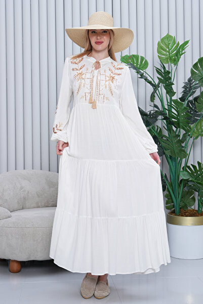 AYASOFYA OTANTIK Γυναικείο Λευκό Κέντημα Λεπτομερές Πατιλέτα Λαιμόκοψη Ελαστικό Μακρυμάνικο Φόρεμα