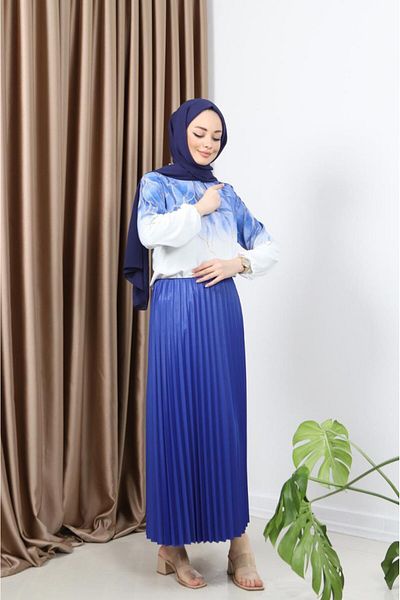 asyadabutik Women's Leaf Detailed Dubai Fabric Blouse Shiny Pleat Skirt Suit