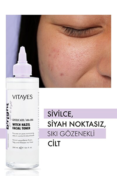VITAYES Gözenek Sıkılaştırıcı Aha-bha Cadı Fındığı Toniği, Glikolik Asit Akne Karşıtı Arındırıcı Bakım
