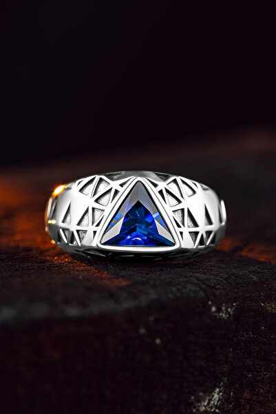 Ring Of The King 925 Ayar Gümüş Üçgen Mavi Safir Taşlı Erkek Yüzük