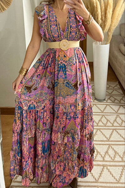 LEVLA PARIS Desenli %100 İpek Uzun Elbise