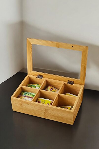 ellahomedekor 6 Bölmeli Kapaklı Bambu Çay Kutusu - Bambu Organizer 24x16x7cm.