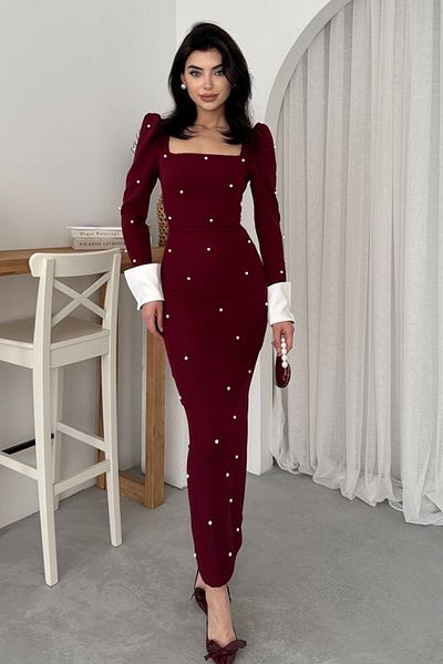 barış sülün lovebox Women's Atlas Fabric Square Neck Sleeves Cuffed Pearl Burgundy Midi Pencil Evening Dress 365
