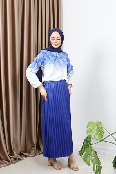asyadabutik Women's Leaf Detailed Dubai Fabric Blouse Shiny Pleat Skirt Suit