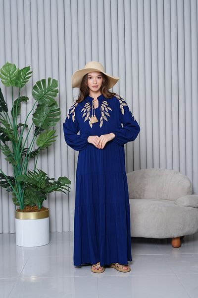 AYASOFYA OTANTIK Women's Navy Blue Leaf Embroidery Detailed Placket Neckline Elastic Long Sleeve Long Dress