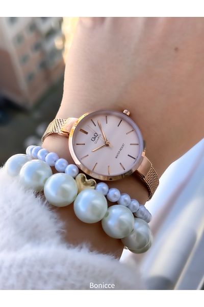 Q&Q Women's Watch Bracelet with Rose Color Straw Steel Band - 1 cm Thin Cord