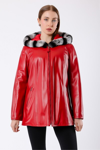 Leather Club Kırmızı Çift Taraflı Rex Kürk Aksesuarlı Hakiki Deri Kaban