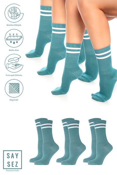 SAYSEZ Bamboo Premium Unisex Tennis College ριγέ κάλτσες - Water Green, χωρίς ραφές, συσκευασία 3