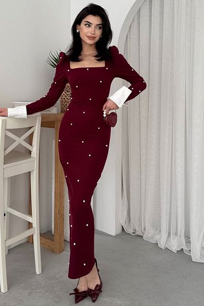 WOMAN VISION Rochie midi pentru femei, burgundy, cu mărgele perle, țesătură Atlas, guler pătrat, mâneci, design cu manșete 365