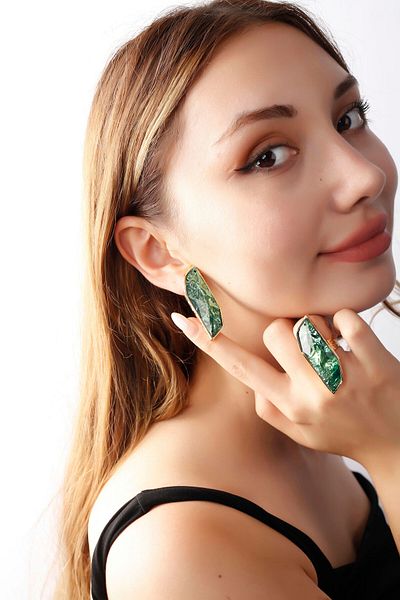 MATYA JEWELERY Gold Colored Matya - Adjustable Green Stone Studded El Model Earrings and Ring Set
