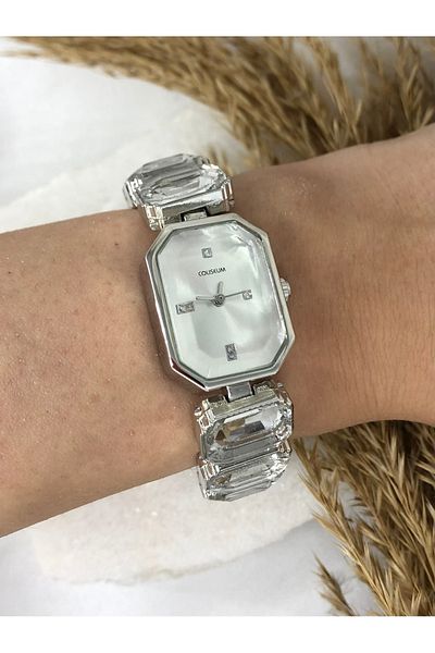 Coliseum Silver Design Women's Wrist Watch with Crystal Cutout Stones