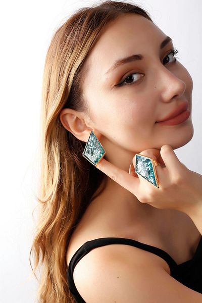 MATYA JEWELERY Adjustable Lacquer Finish - Turquoise Stone Studded Model El Craft Earrings and Ring Set